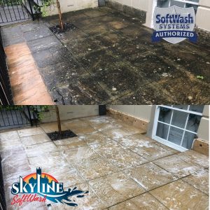 Patio cleaning in Gloucester before and aftre pictures using SoftWash and DOFF steam cleaning a stone heratige product (1)