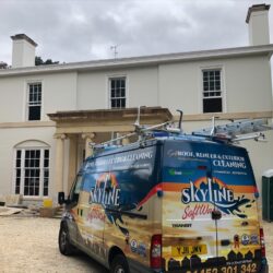 SkyLine SoftWash Van parked at The PArk in Cheltenham cleaning one of the nicest homes in Cheltenham